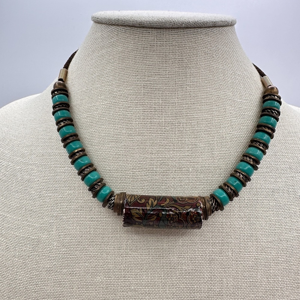 Vintage Y2K Teal Beaded Floral Statement Necklace Women's Jewelry 90s